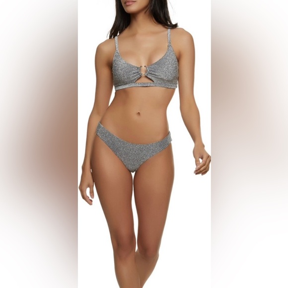 BEBE Metallic Lurex Bikini Swimsuit Silver New XL - Picture 2 of 9